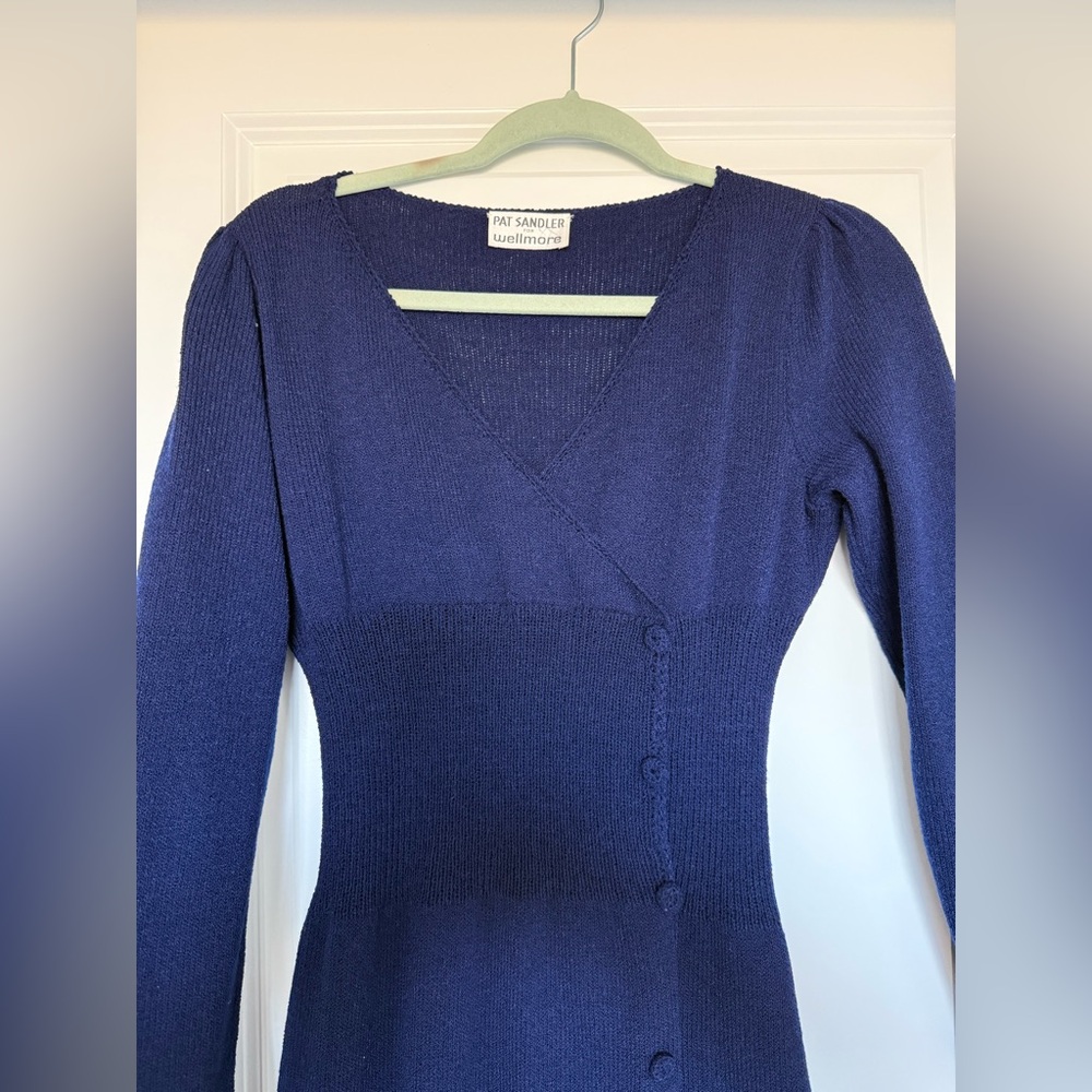 VTG Pat Sandler for well‎ more navy wrap v neck dress size XS-S 1980’s midi
